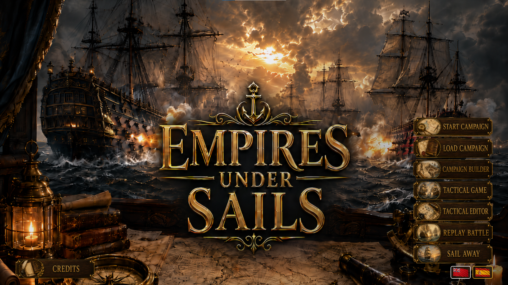 Pantalla de inicio del juego 'Empires Under Sails', mostrando barcos de guerra en un mar tumultuoso y un atardecer dramático, junto con opciones de menú en el lado derecho.
